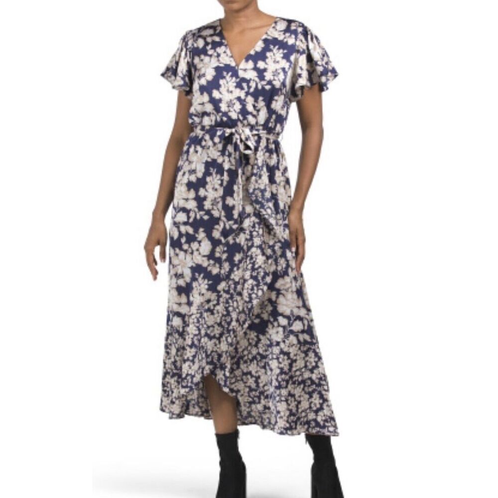 Nicole Miller Navy satin floral wrap ruffle sleeve midi dress small